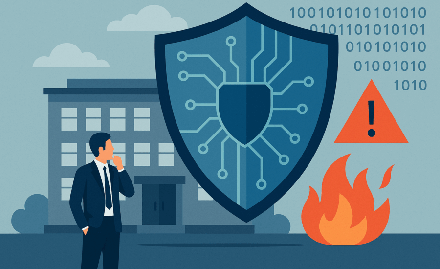 Infografía que muestra un escudo digital protegiendo la empresa contra ciberataques, destacando la filosofía de Confianza Cero y la recuperación en tiempo récord. Care Telecom.