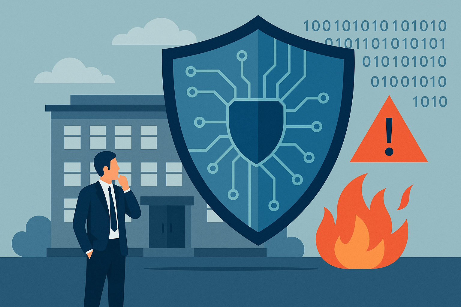 Infografía que muestra un escudo digital protegiendo la empresa contra ciberataques, destacando la filosofía de Confianza Cero y la recuperación en tiempo récord. Care Telecom.