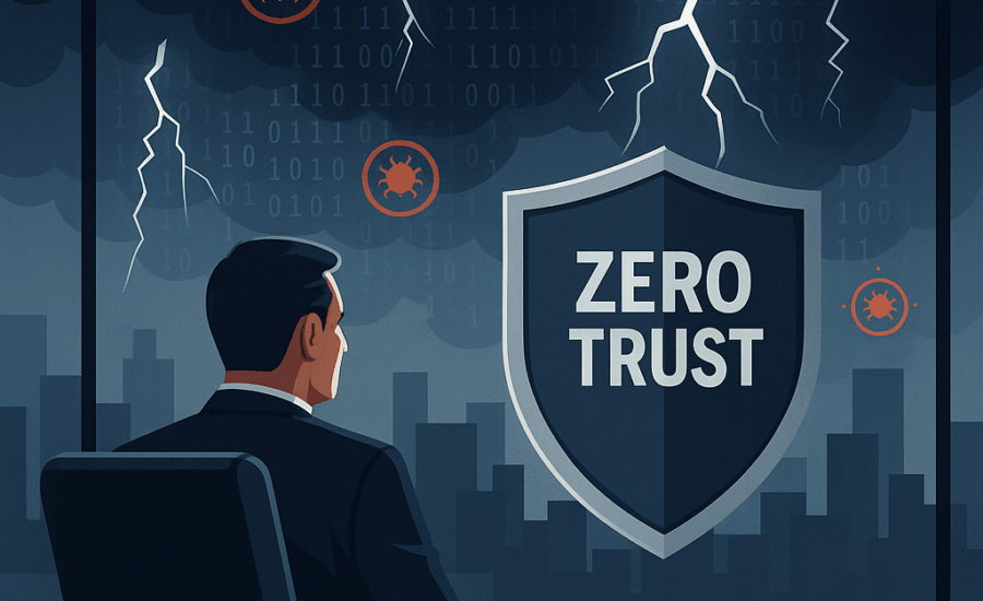 CEO protegido por estrategia Zero Trust ante tormenta de ciberataques. Seguridad empresarial real. Care Telecom.