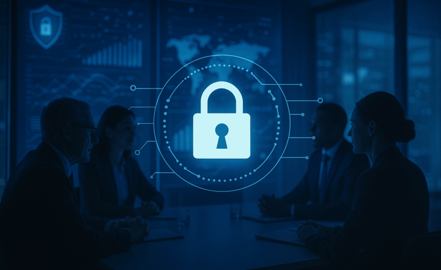 Ejecutivos empresariales trabajando en equipo con gráficos de ciberseguridad, destacando el factor humano como clave estratégica. Care Telecom.