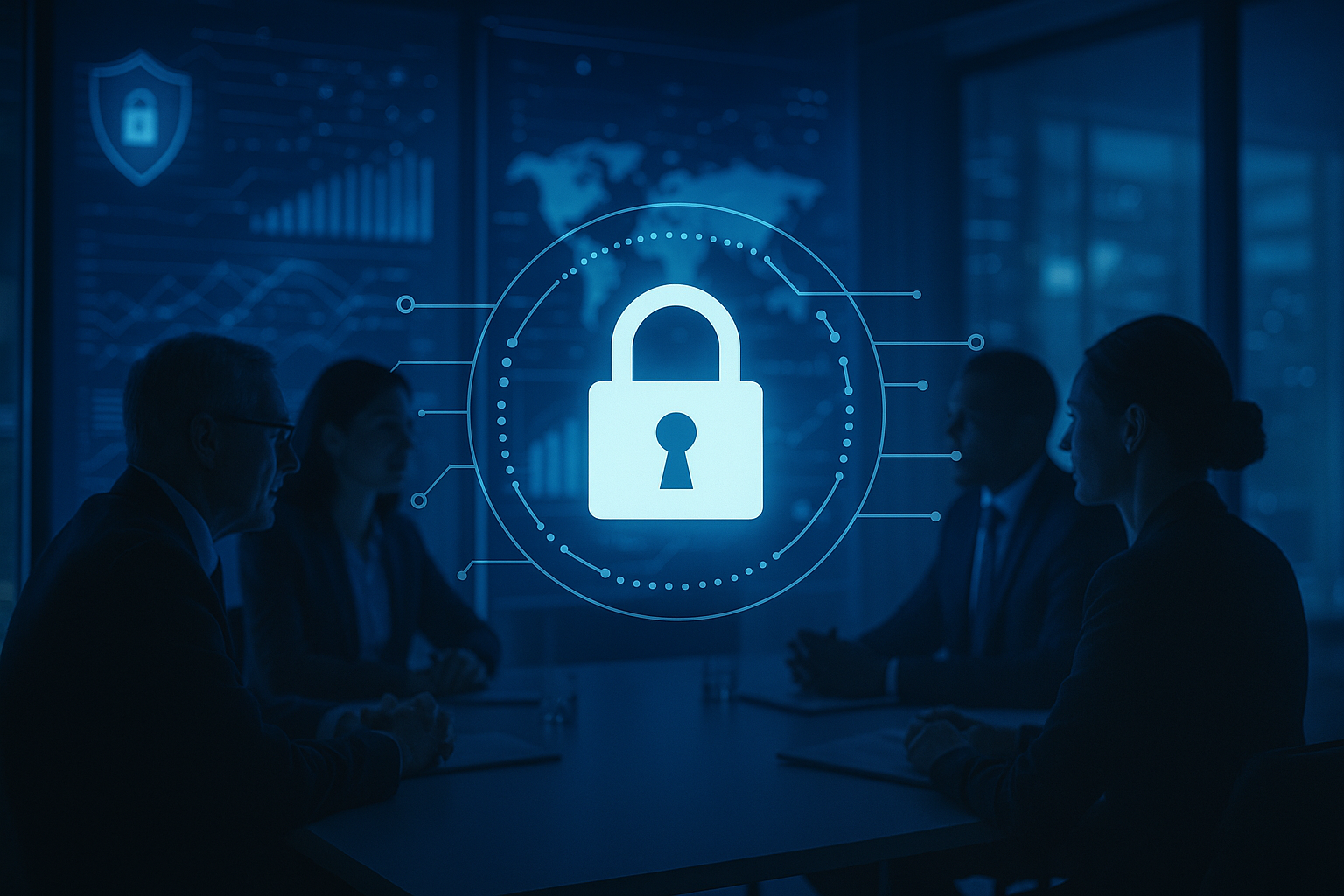 Ejecutivos empresariales trabajando en equipo con gráficos de ciberseguridad, destacando el factor humano como clave estratégica. Care Telecom.