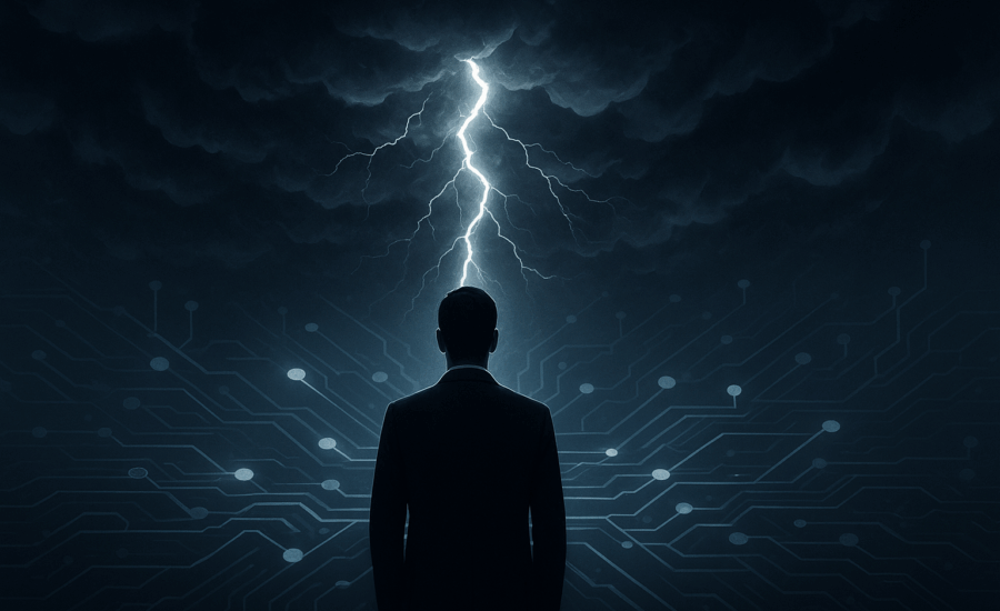 Tormenta digital representando el impacto de la inteligencia artificial en la ciberseguridad y la cadena de suministro empresarial. Care Telecom.