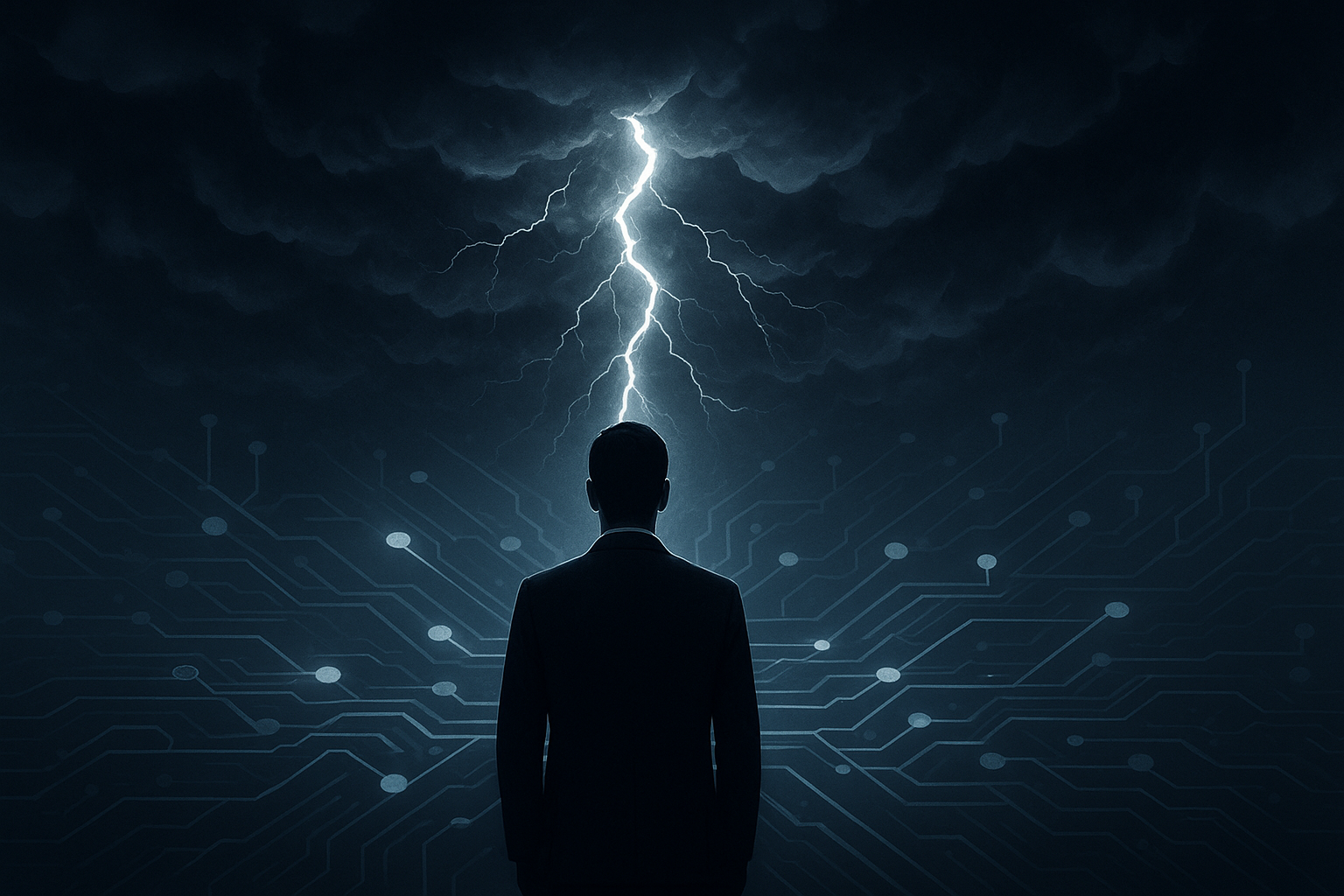 Tormenta digital representando el impacto de la inteligencia artificial en la ciberseguridad y la cadena de suministro empresarial. Care Telecom.