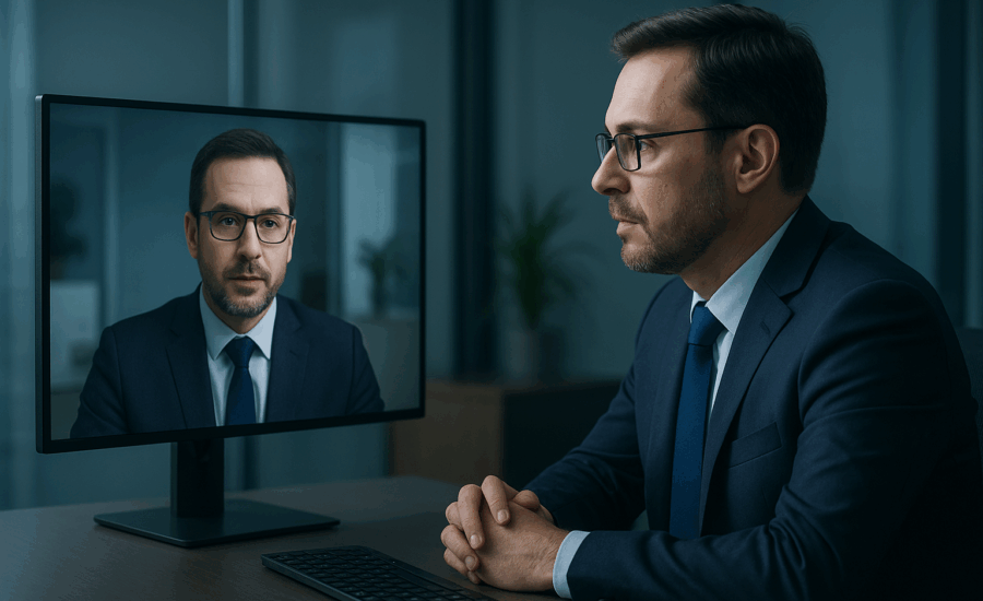 Un ejecutivo observa una videollamada con una figura clonada mediante IA, simbolizando el riesgo de los deepfakes y la hiperrealidad en la ciberseguridad empresarial. Care Telecom.