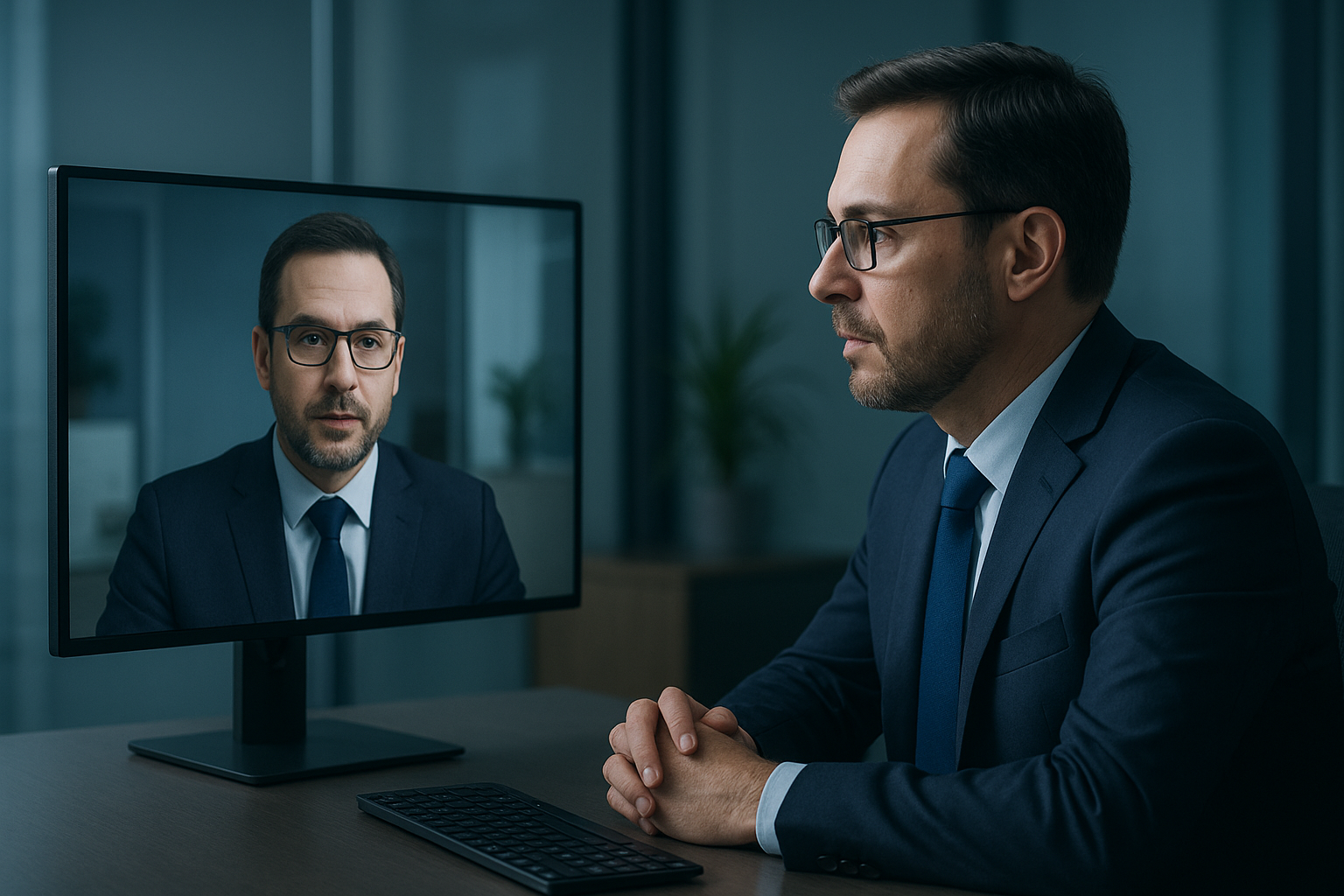 Un ejecutivo observa una videollamada con una figura clonada mediante IA, simbolizando el riesgo de los deepfakes y la hiperrealidad en la ciberseguridad empresarial. Care Telecom.