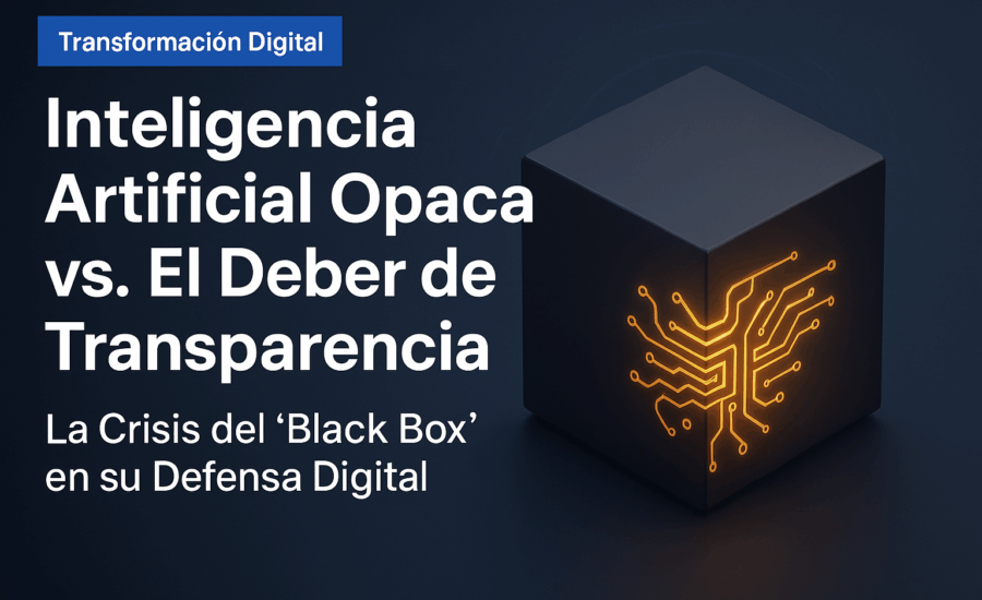 Ilustración de una caja negra tecnológica con circuitos iluminados, representando la opacidad de la inteligencia artificial frente a la necesidad de transparencia en la ciberseguridad empresarial. Care Telecom.