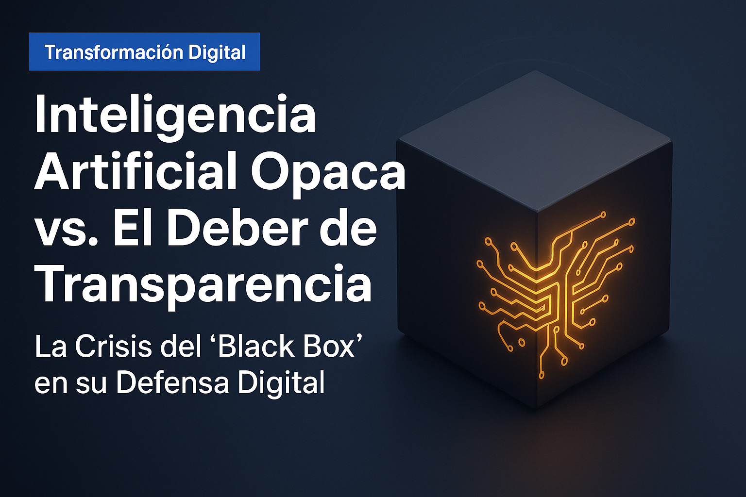 Ilustración de una caja negra tecnológica con circuitos iluminados, representando la opacidad de la inteligencia artificial frente a la necesidad de transparencia en la ciberseguridad empresarial. Care Telecom.