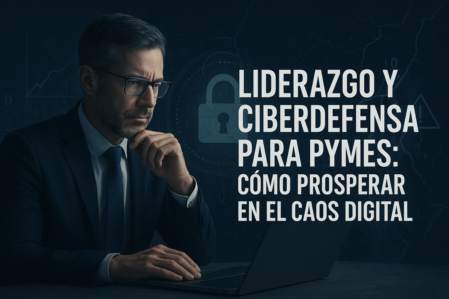 CEO analizando estrategias de ciberseguridad y liderazgo en un entorno digital caótico, representando la resiliencia empresarial en PYMES. Care Telecom.