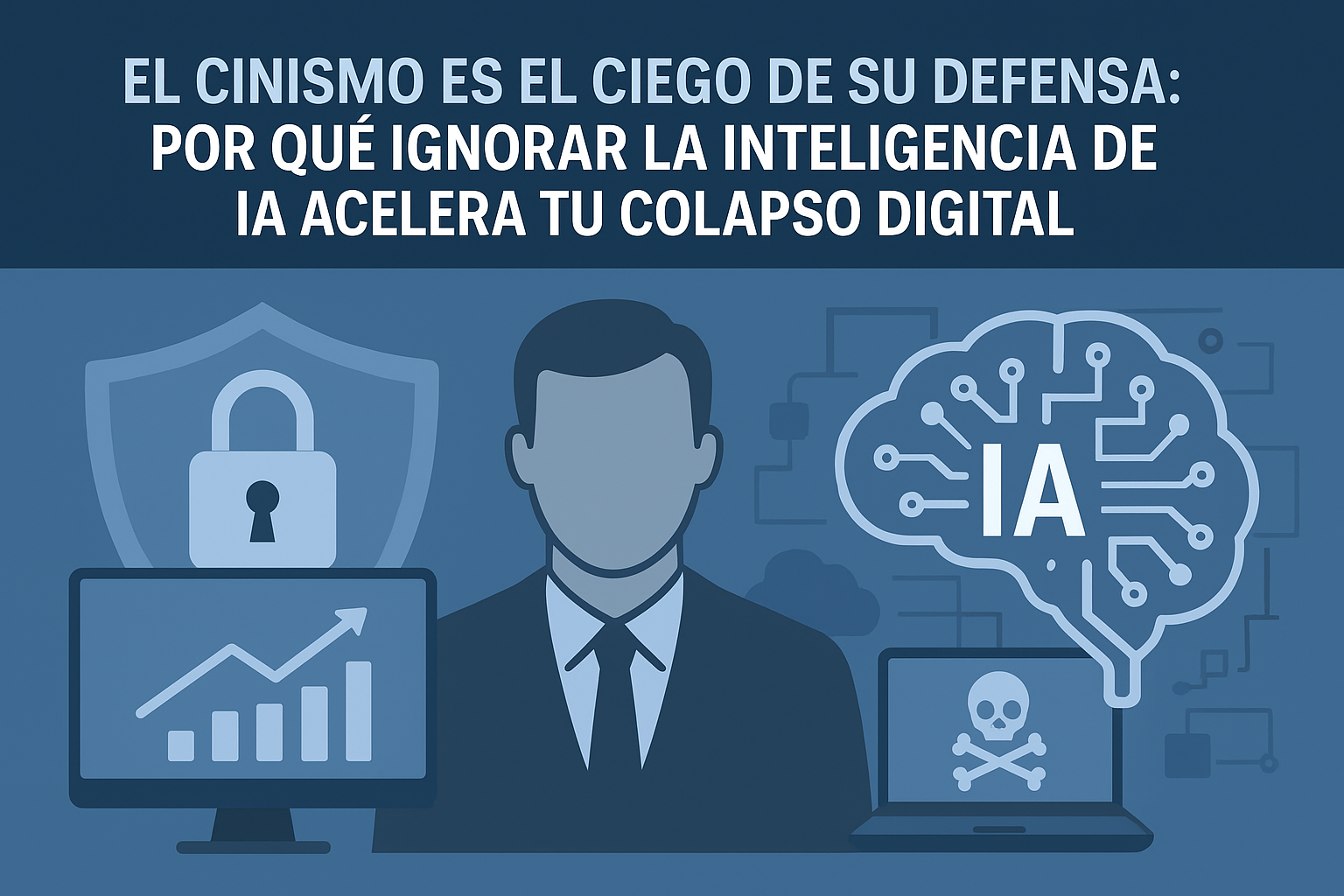 Infografía profesional en tonos azul y gris sobre ciberseguridad e inteligencia artificial para empresas medianas y grandes. Care Telecom.