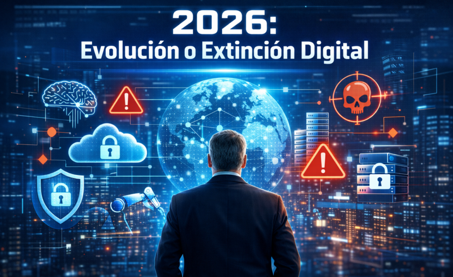 Ilustración conceptual sobre los riesgos y oportunidades de la transformación digital y la ciberseguridad empresarial rumbo a 2026. Care Telecom.