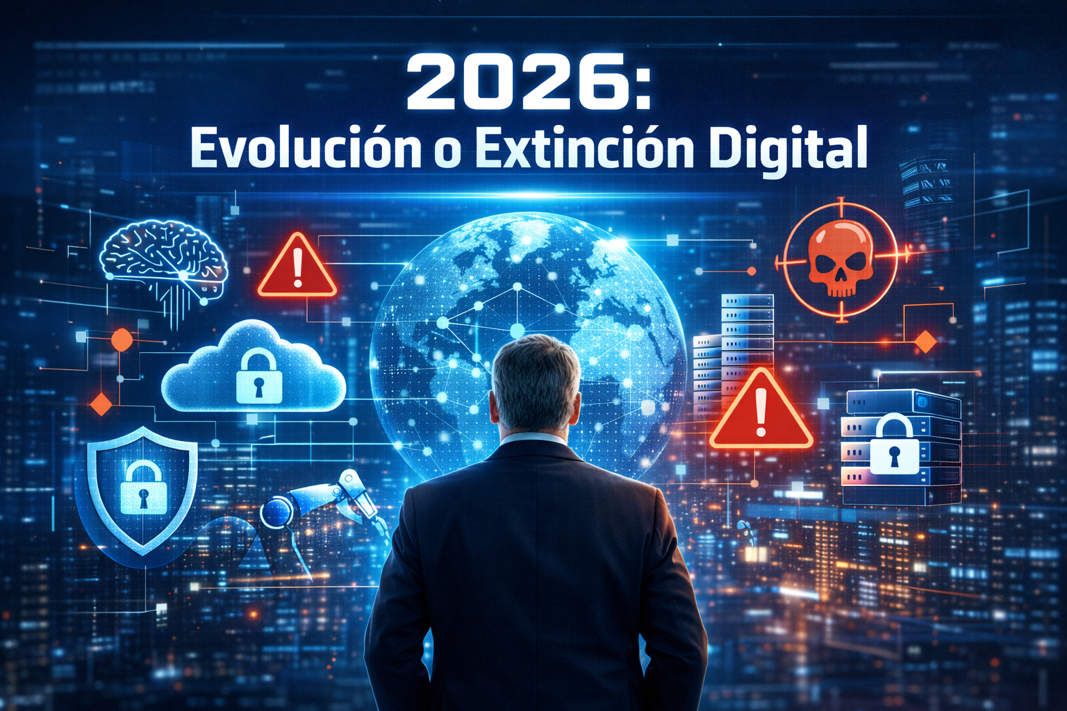 Ilustración conceptual sobre los riesgos y oportunidades de la transformación digital y la ciberseguridad empresarial rumbo a 2026. Care Telecom.