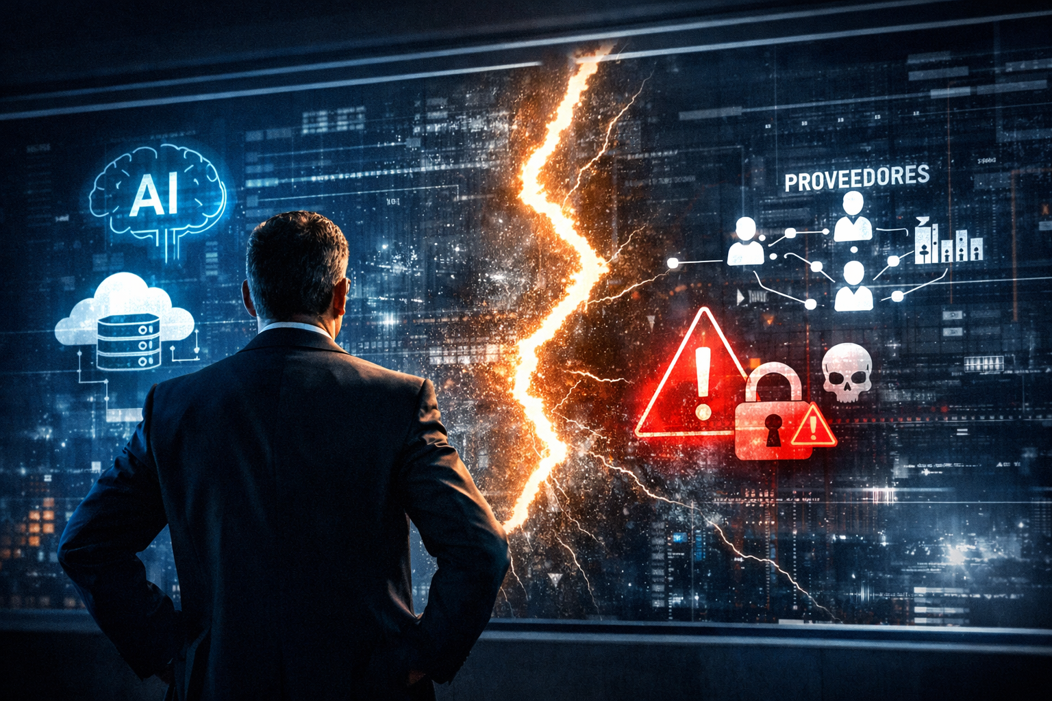 CEO analizando riesgos de ciberseguridad derivados de la adopción acelerada de IA, nube y proveedores tecnológicos. Care Telecom.