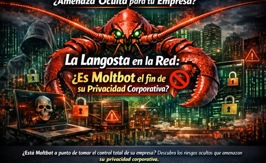 Ilustración conceptual de Moltbot como una amenaza digital: un agente autónomo con capacidad de tomar el control de sistemas empresariales y poner en riesgo la privacidad corporativa. Care Telecom.