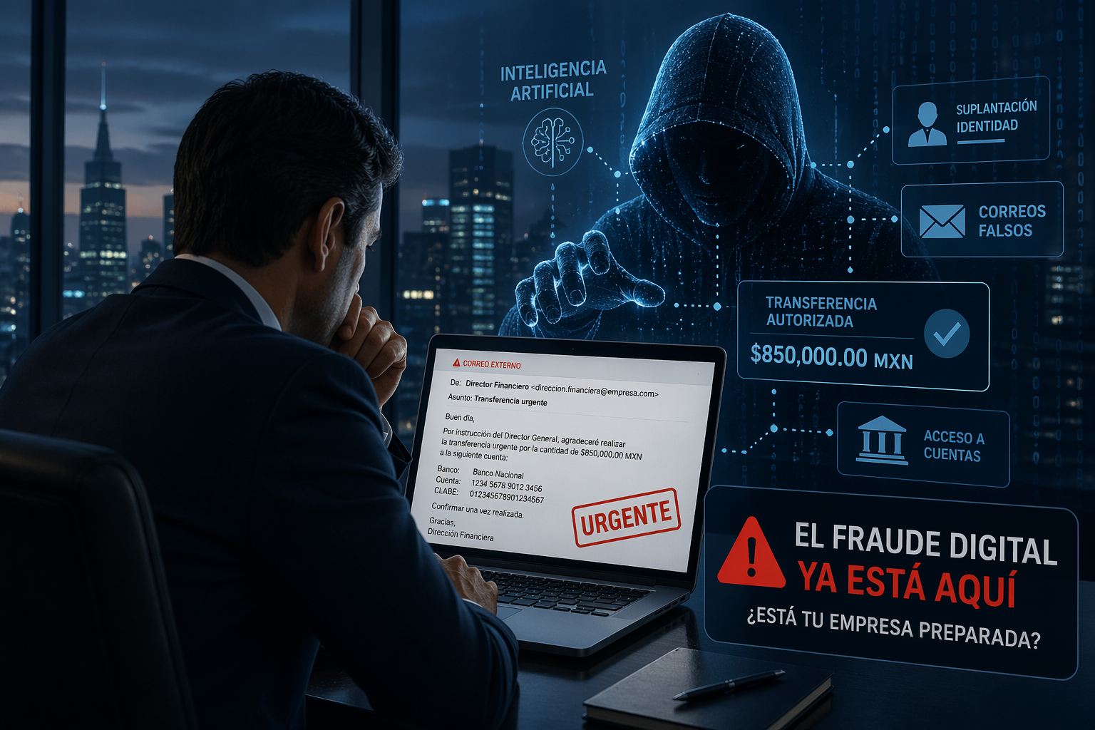 Fraude digital con inteligencia artificial dirigido a empresas en México. Care Telecom.