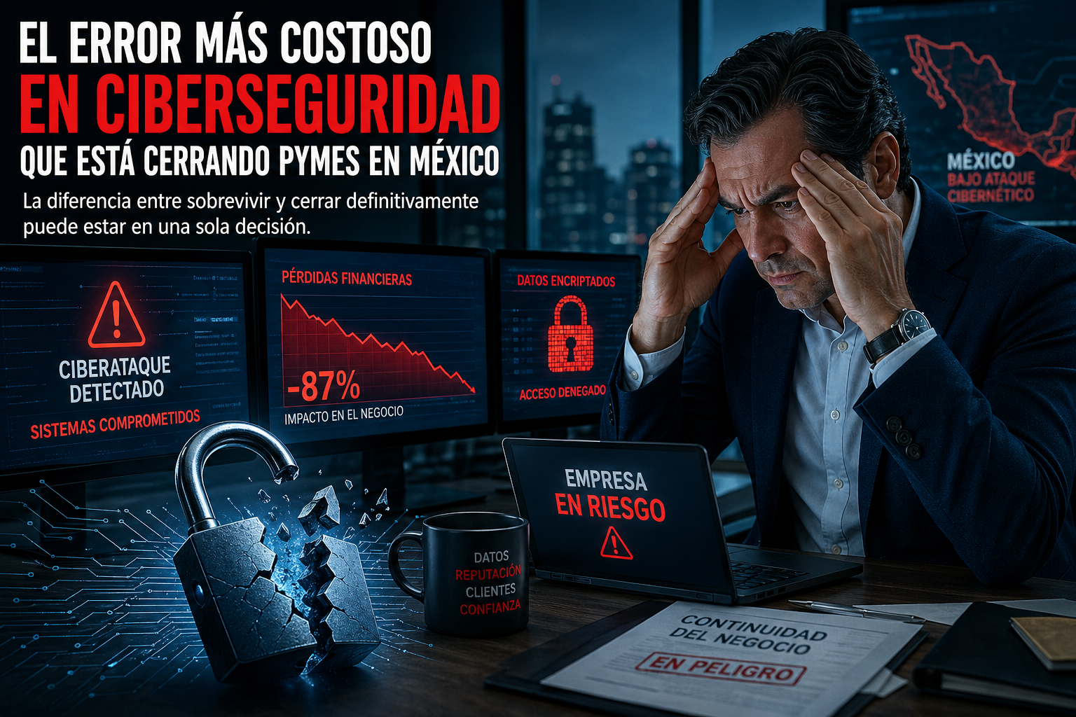 Empresario enfrentando una crisis por ciberataque, reflejando el impacto real de la falta de ciberseguridad en empresas mexicanas. Care Telecom.