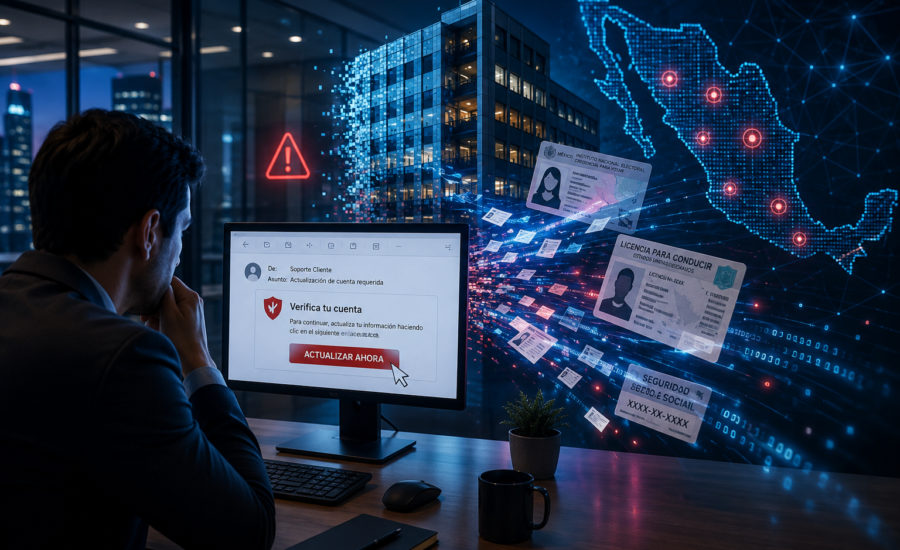 Un solo clic de un empleado desencadena una filtración masiva de datos, ilustrando el impacto del phishing en las empresas mexicanas. Care Telecom.