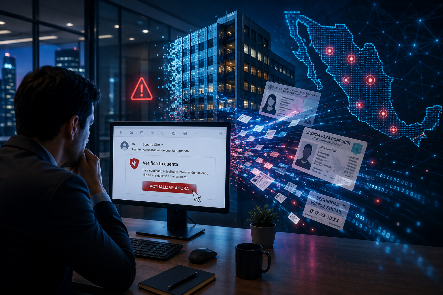 Un solo clic de un empleado desencadena una filtración masiva de datos, ilustrando el impacto del phishing en las empresas mexicanas. Care Telecom.