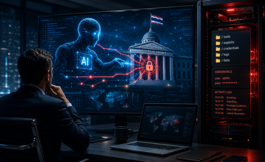 Agente de inteligencia artificial realizando un ciberataque automatizado mientras un servidor mal configurado expone información crítica, ilustrando los riesgos actuales para empresas mexicanas. Care Telecom.