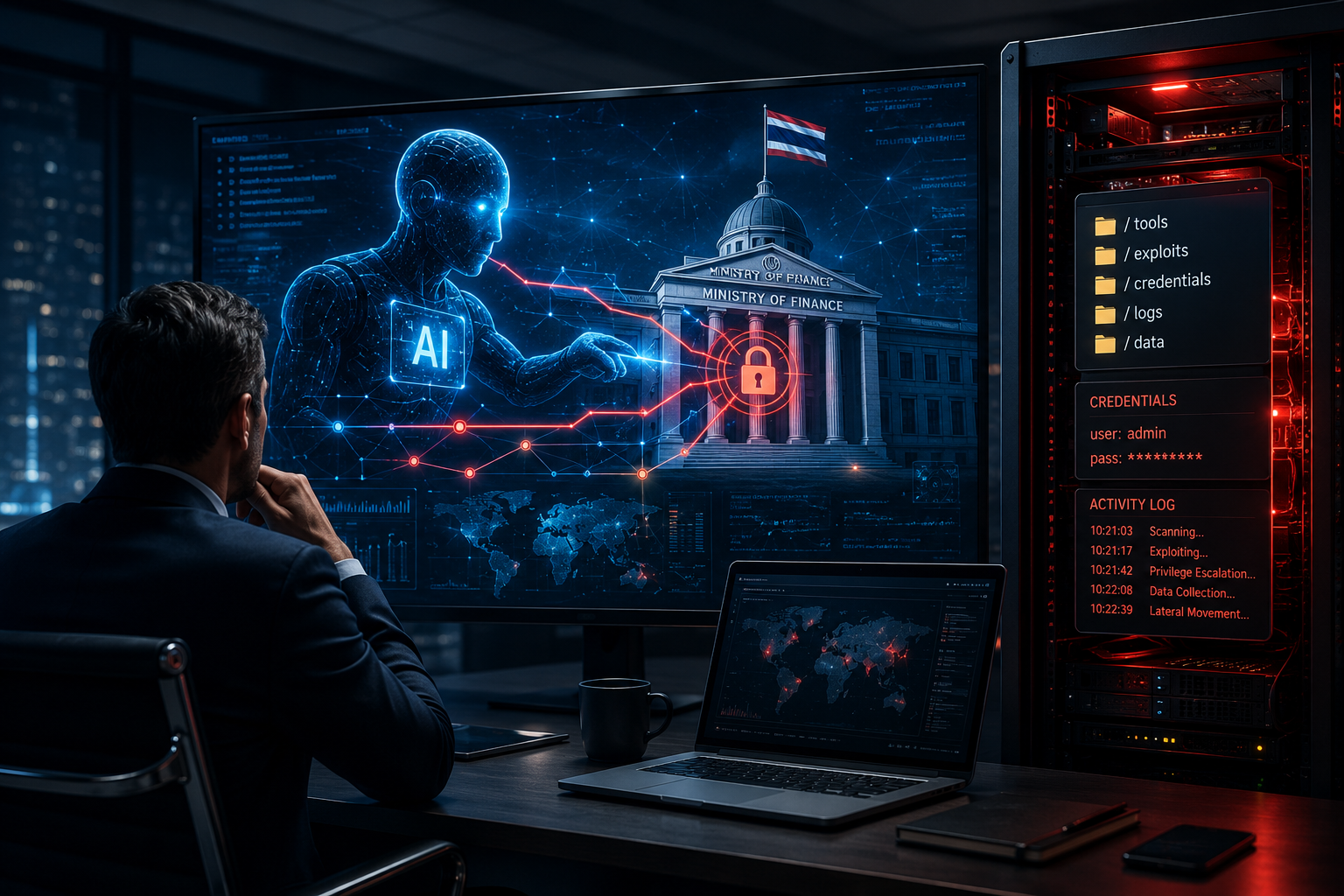 Agente de inteligencia artificial realizando un ciberataque automatizado mientras un servidor mal configurado expone información crítica, ilustrando los riesgos actuales para empresas mexicanas. Care Telecom.