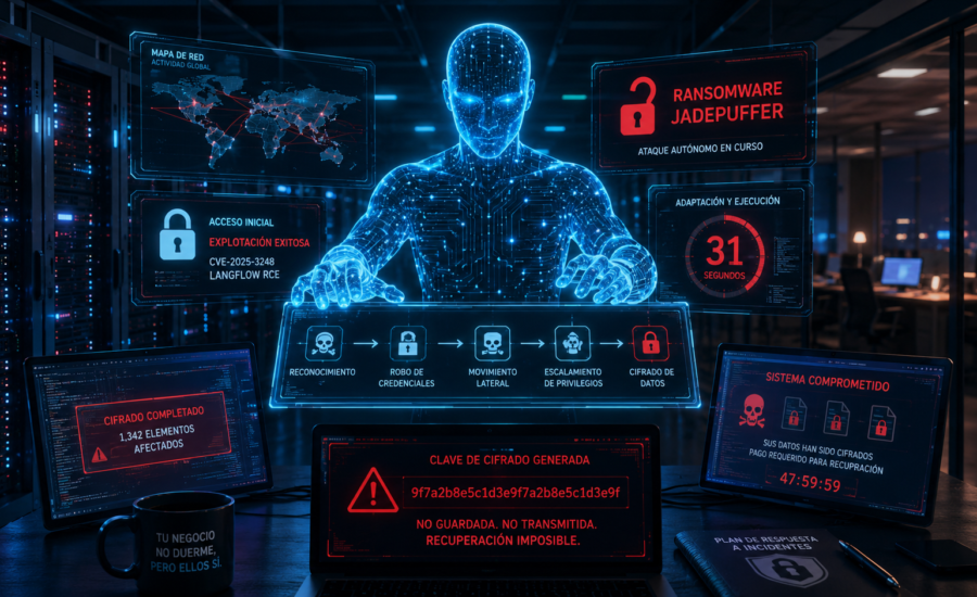 Inteligencia artificial ejecutando un ataque de ransomware automatizado contra la infraestructura digital de una empresa. Care Telecom.