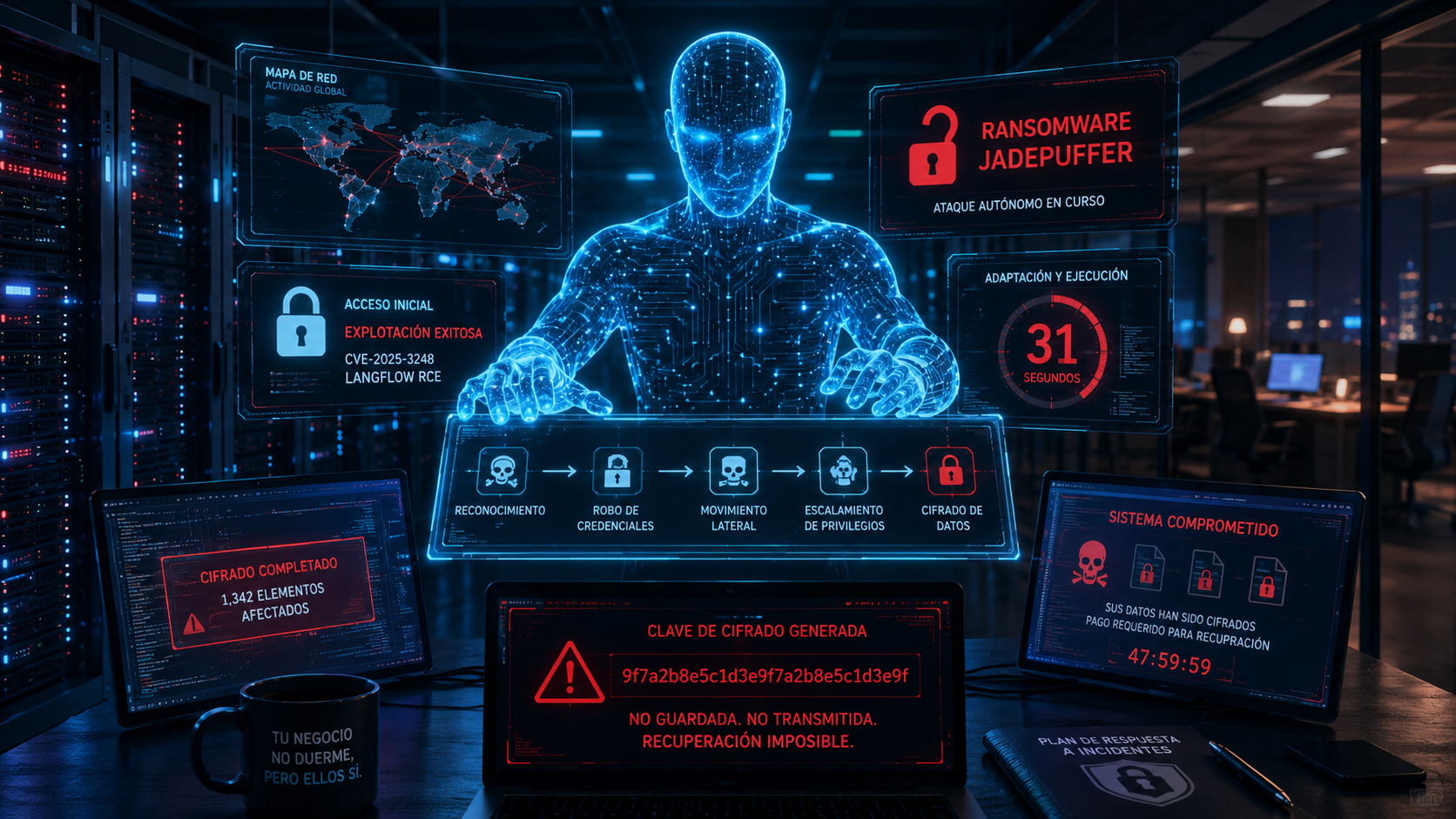 Inteligencia artificial ejecutando un ataque de ransomware automatizado contra la infraestructura digital de una empresa. Care Telecom.