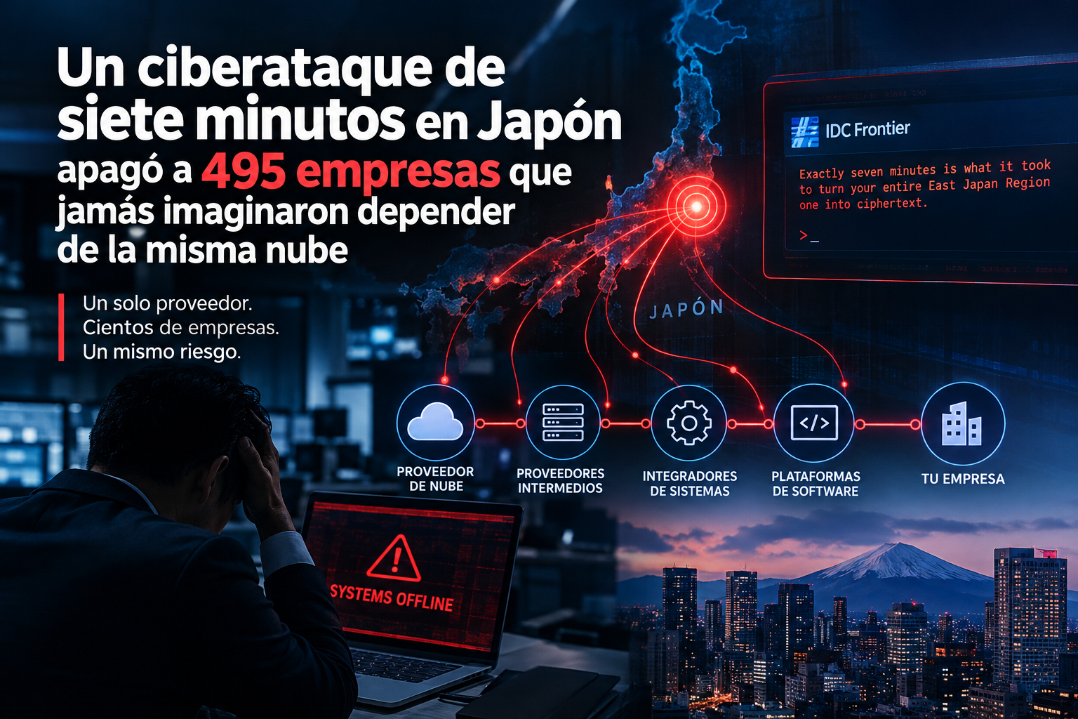 Ciberataque de ransomware a proveedor de nube en Japón que afecta a 495 empresas y evidencia riesgos en la cadena de suministro digital. Care Telecom.