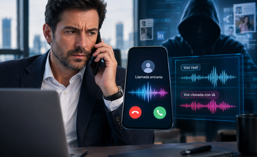 La clonación de voz con inteligencia artificial permite suplantar a familiares y ejecutivos para cometer fraudes. Care Telecom.