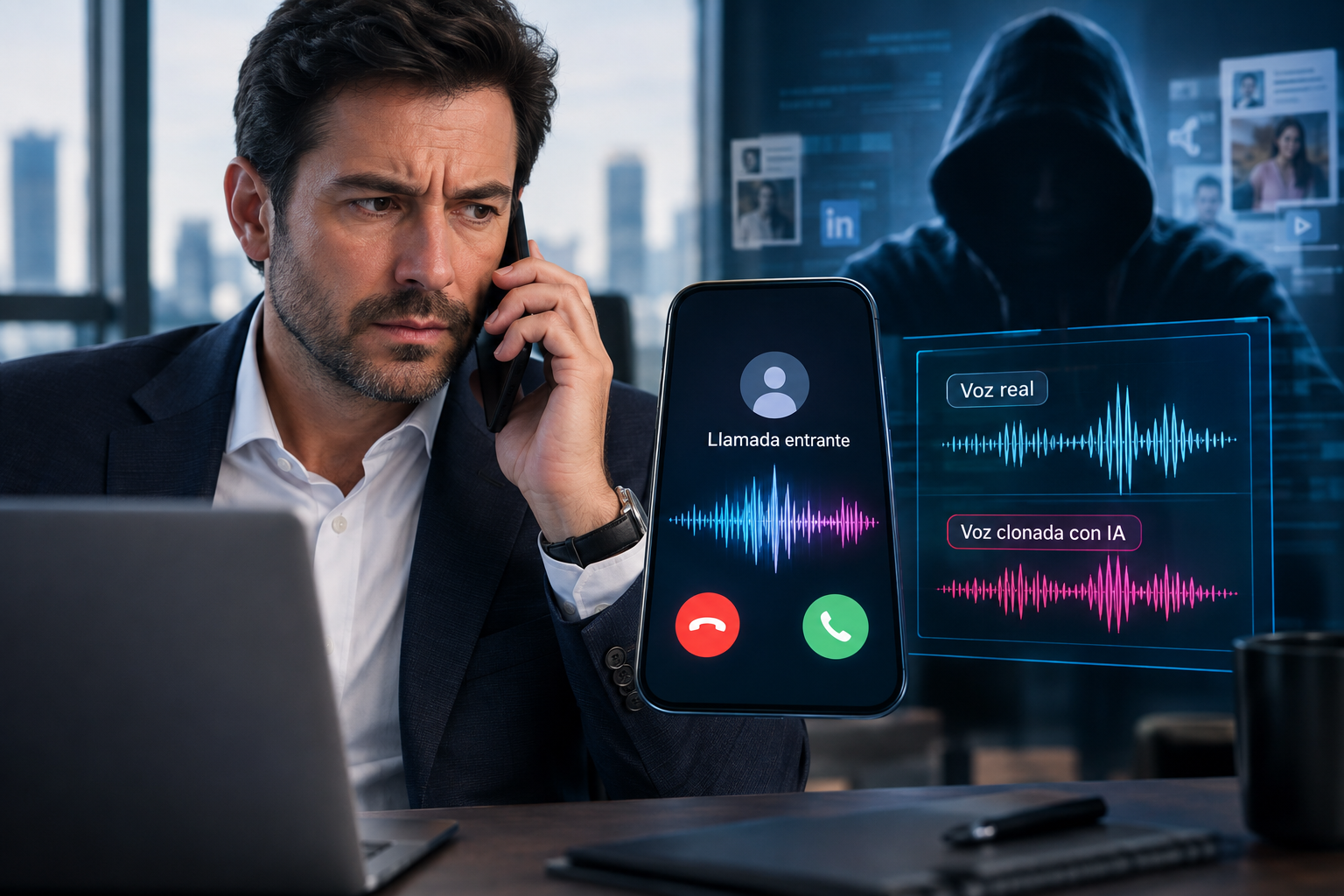 La clonación de voz con inteligencia artificial permite suplantar a familiares y ejecutivos para cometer fraudes. Care Telecom.